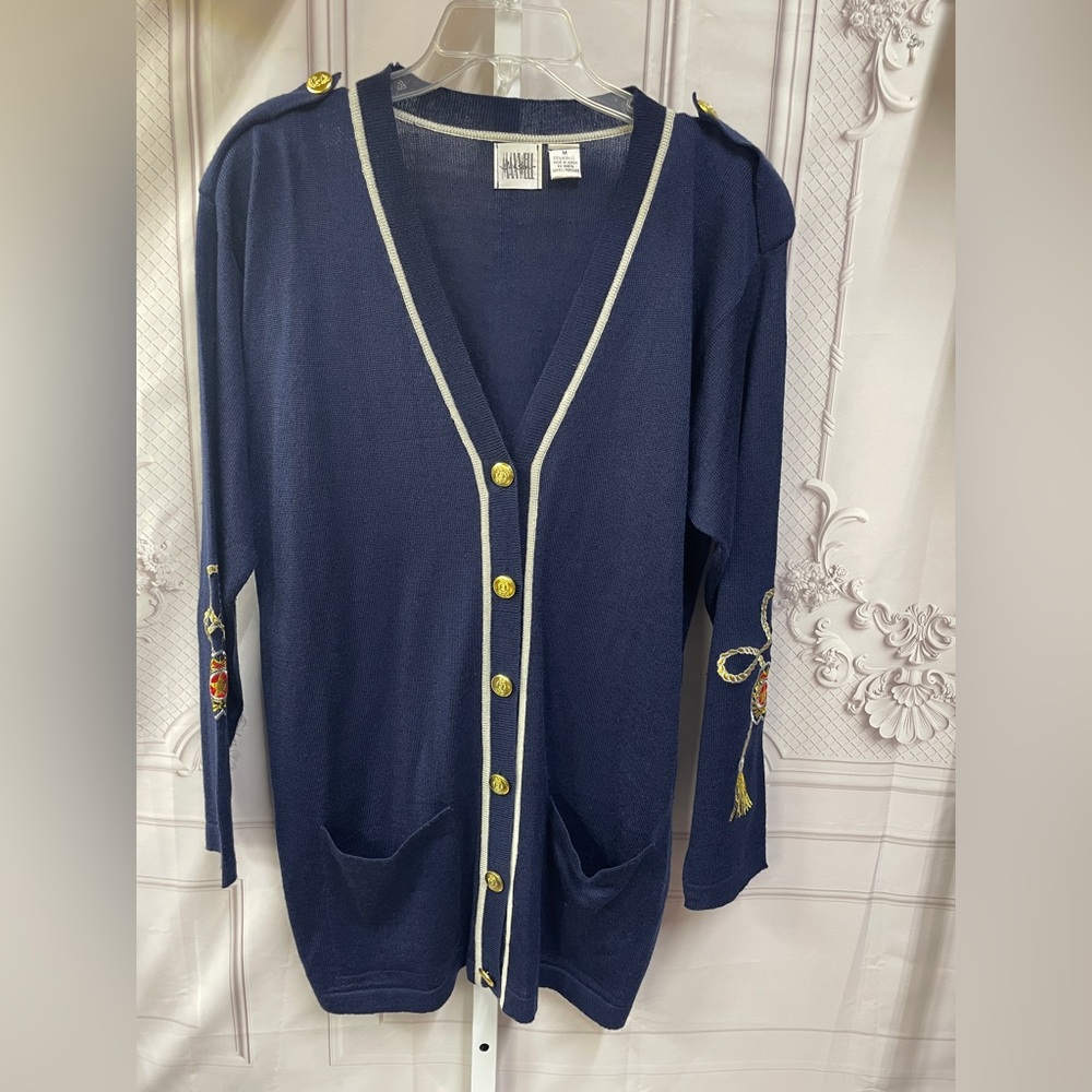 Jason Maxwell Nautical Embroidered Gold Buttons Vintage M Sweater Cardigan